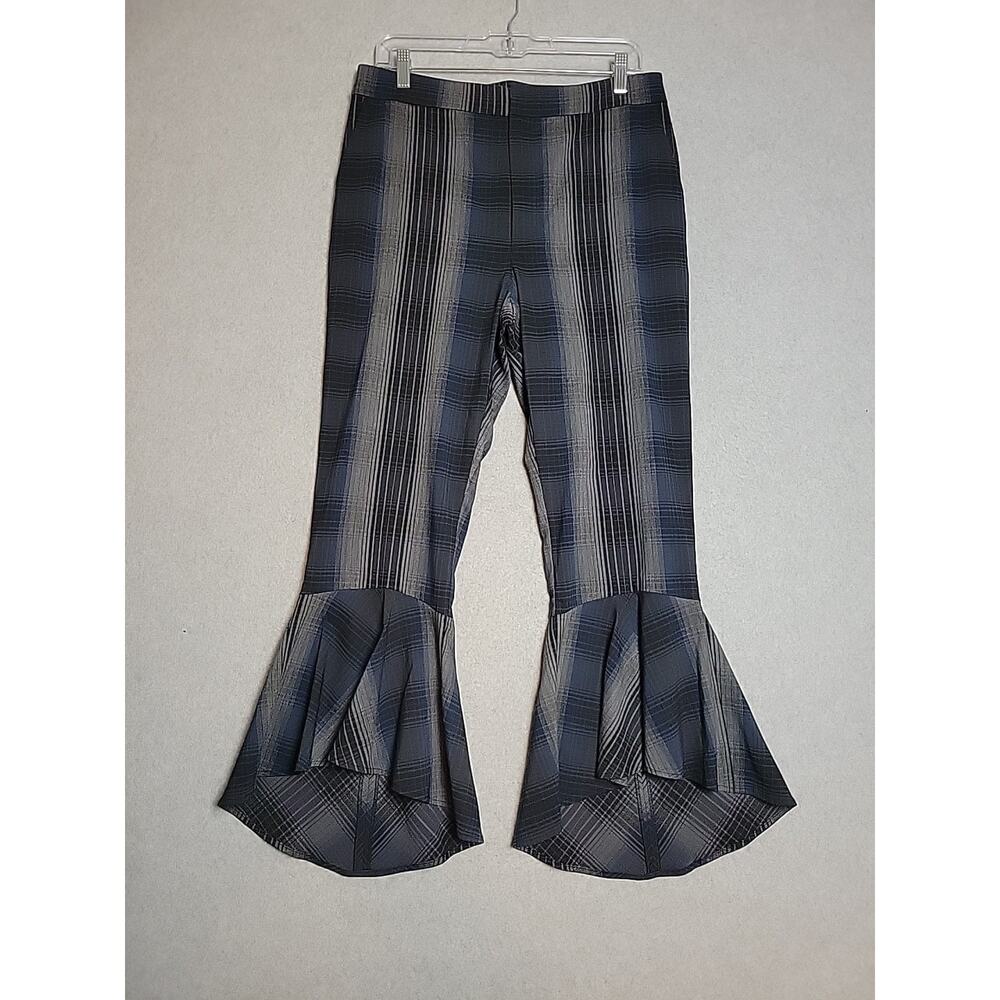 RACHEL Rachel Roy Gray Plaid Flare Leg Ruffle Bell Bottom Slacks Women's 12